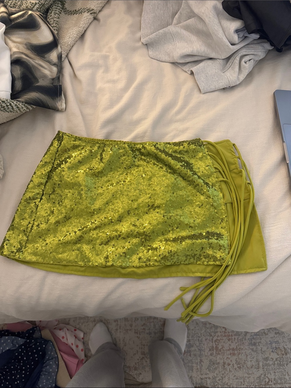 Sequin Mini Skirt in Chartreuse Green with Side Tie